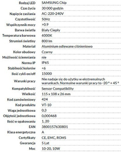 NAŚWIETLACZ LED 10W 4K 800LM IP65 230V SAMSUNG