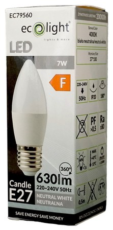 ŻARÓWKA LED E27 SMD ŚWIECZKA 7W 630lm BARWA NEUTRALNA